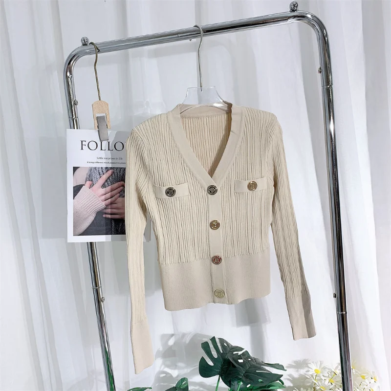 봄과 가을 신상 여성용 골드 버튼 클라인 블루 슬림 브이넥 긴팔 다용도 숏 니트 가디건