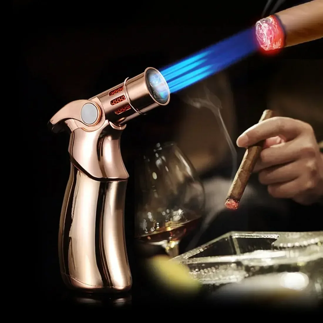 JOBON-Windproof Metal Cigar Lighter, Powerful Blue Flame Spray Gun, Turbo Butane Gas Torch, Cigarette Accessories, Gift