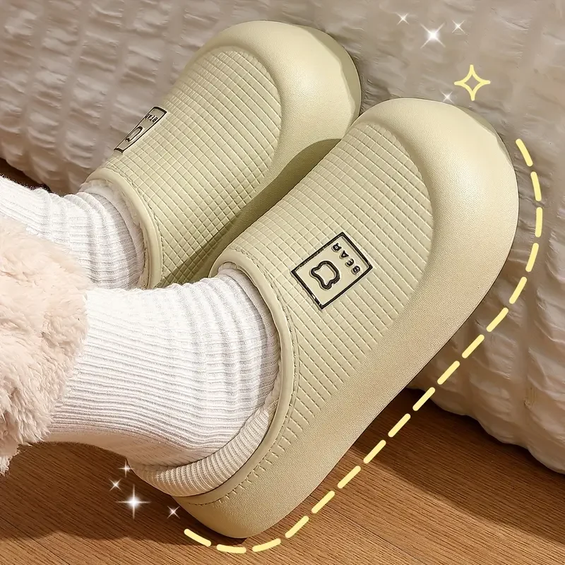 Winter Cute Solid Color Women's Home Cotton Shoes Bear Print Warm Casual Non-Slip Full Cotton Shoes Suitable for Home and Outdoor Use