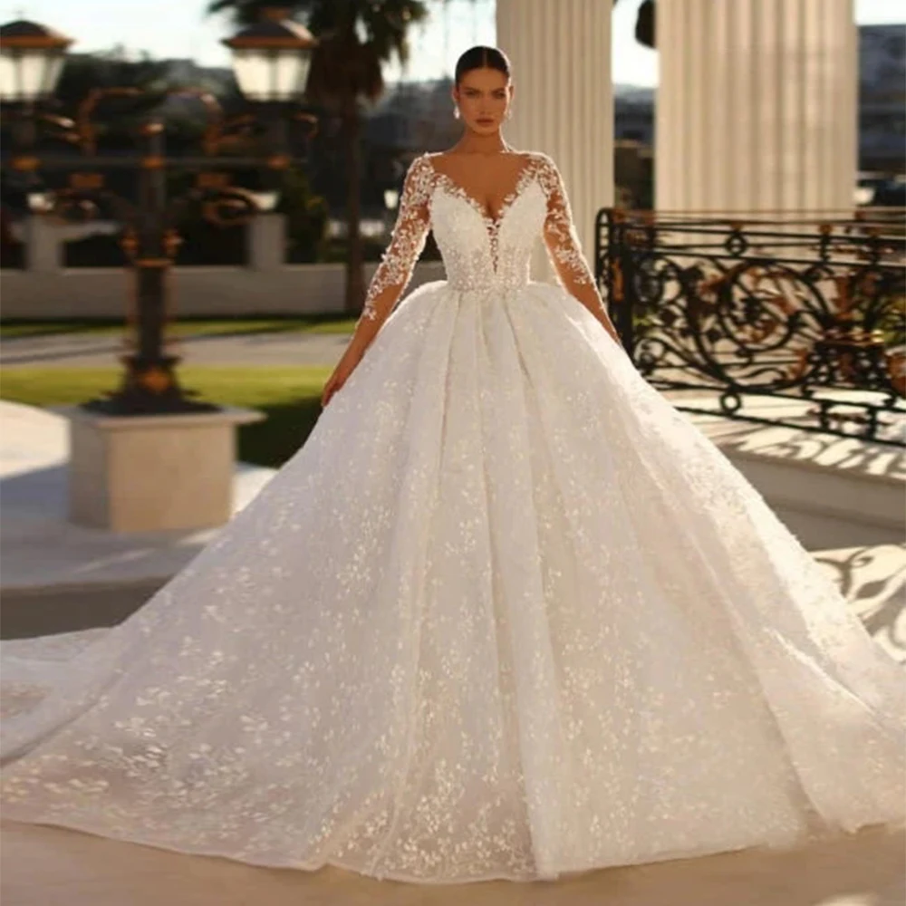 2023 abiti da sposa da donna di lusso in pizzo con scollo a v manica lunga con perline scintillanti in pizzo abiti da sposa da principessa festa formale in spiaggia