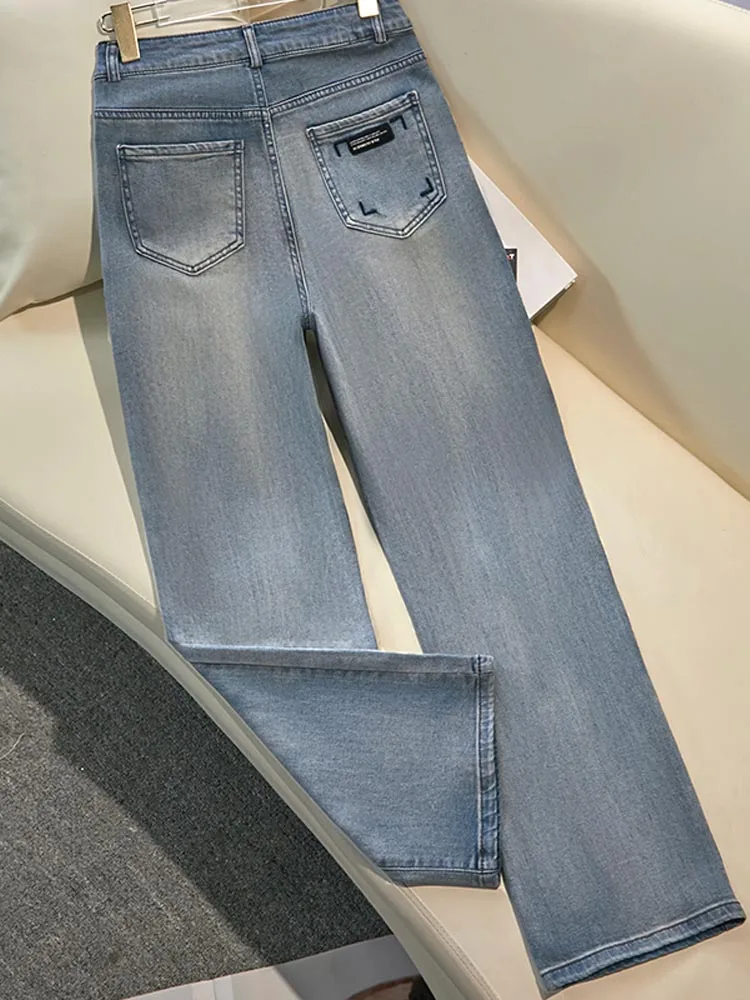 กางเกงยีนส์ทรงตรงเอวสูงสไตล์จีนใหม่สำหรับผู้หญิง ปี 2024 กางเกงขายาวทรงกว้างแฟชั่นฤดูใบไม้ผลิและฤดูร้อน ปักลายอเนกประสงค์