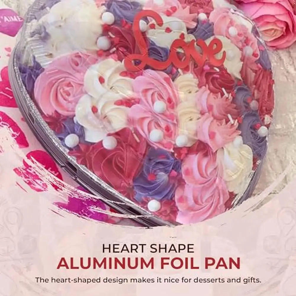 Aluminum Heart Shaped Cake Pan with Transparent Snap Dome Lid Foil Baking Pans Recyclable 32oz 8