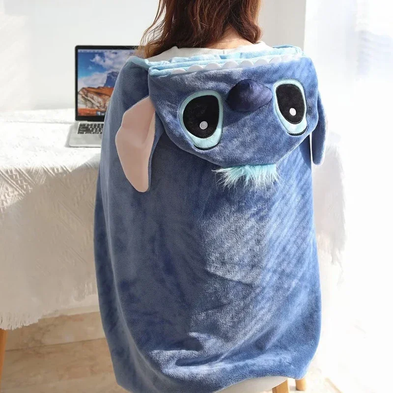 Disney Stitch Hooded Blanket Winter Warm Flannel Thick Throw with Buttons Shawl Cloak Women Men Home Office Lunch Break Blanket