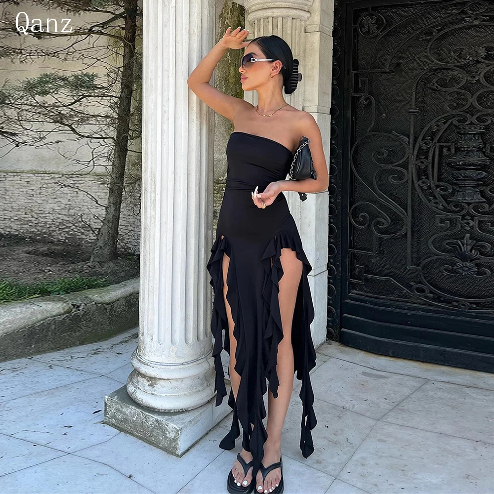 

Qanz Black A Line Satin Long Evening Party Dresses With Leg Slit Fashion Women Formal Gowns Simple Event Prom Gowns Vestidos