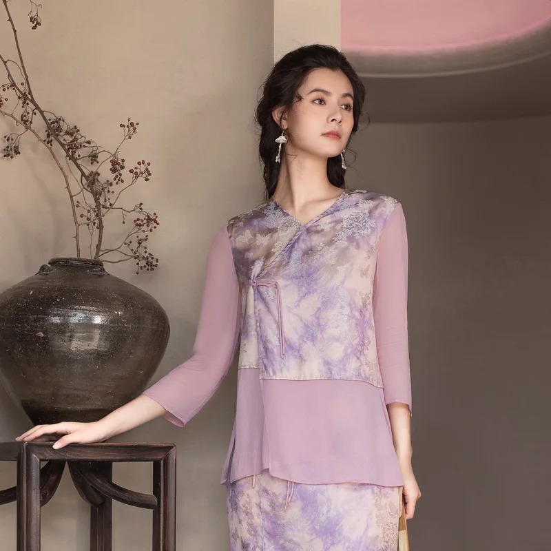 

Women's Loose Fit Long Sve irt adient Dyeing Print Splice V-Ne Spring Summer New Arrival Pink Purple Blouse