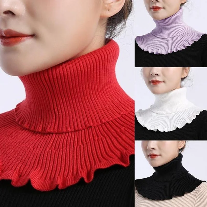 

Hooded Bib High Neck Ribbed Knitted Ruffle Detachable Fake Collar For Women Turtleneck Winter Windproof Warm Scarf Snood Scarves