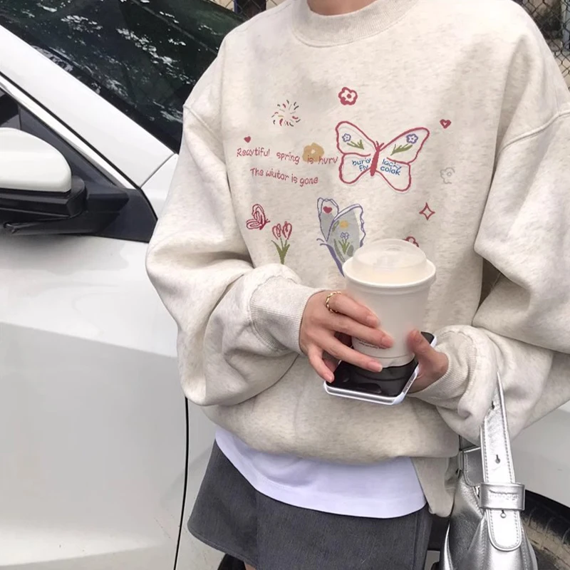 Korean Women Butterfly Printed Round Neck Long Sleeve Loose Casual Sweatshirt