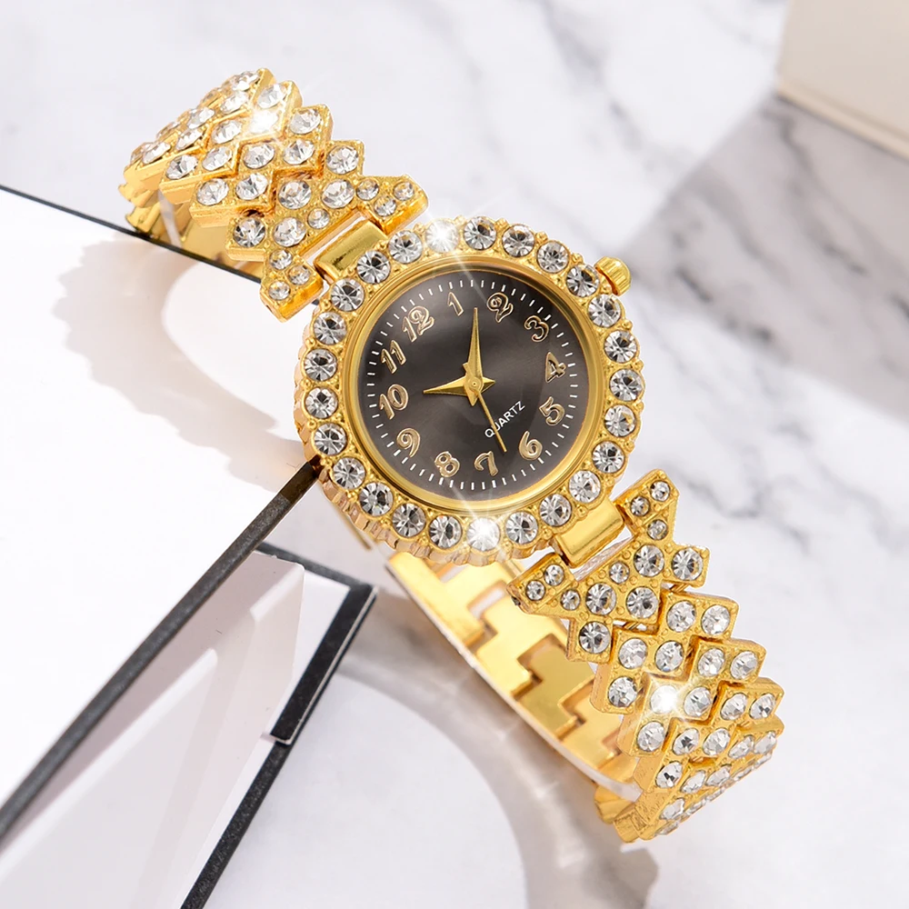 Women\'s Fashion Quartz Watch with Gold Bracelet Women\'s Leisure Fashion Round Simple Watch Dainty Wheat Jewelry Set