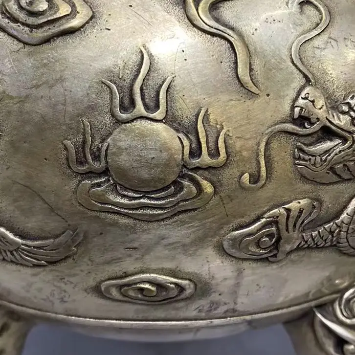 Old Bronze Gilded Silver Dragon and Phoenix Pattern Lion statue cover Dragon Ear Three Legged Incense Burner Town house