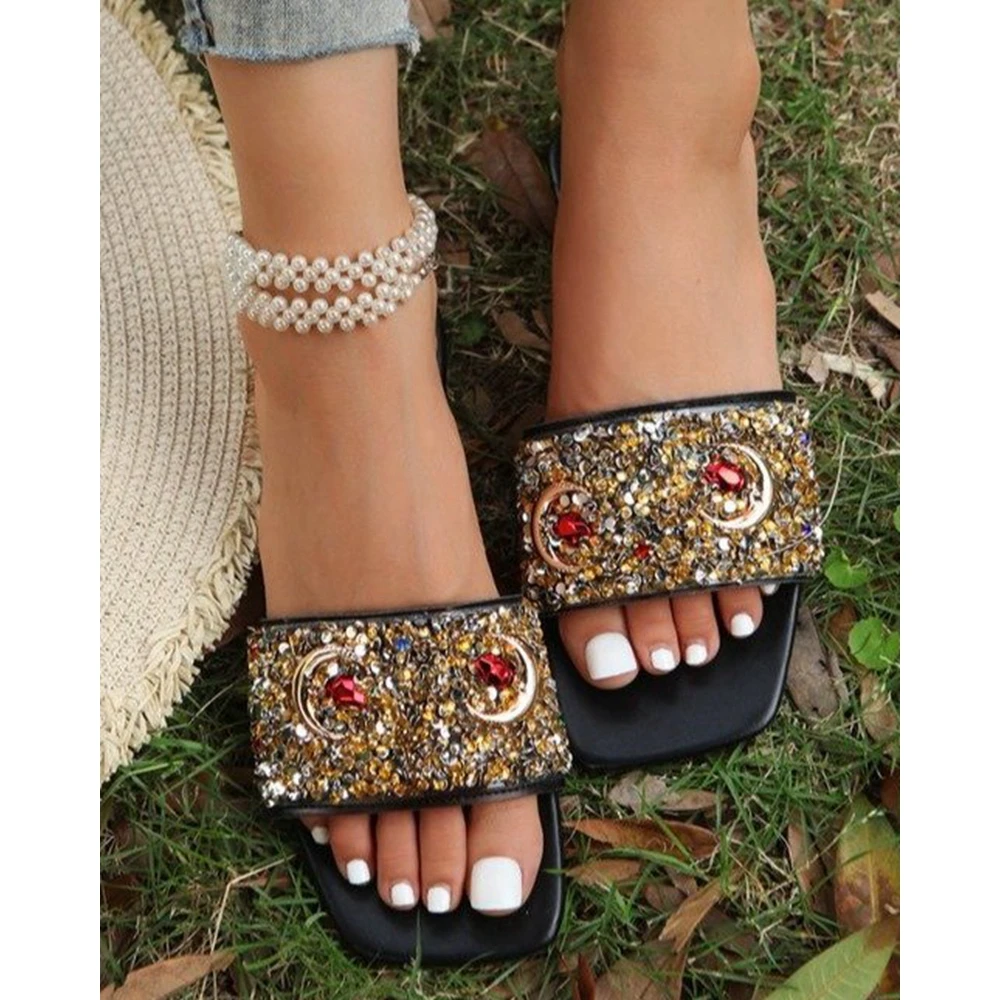 Fashion Women Rhinestone Decor Flat Slippers Square Toe Casual Outdoor Slippers Autumn Summer Going Out Beach Shoes