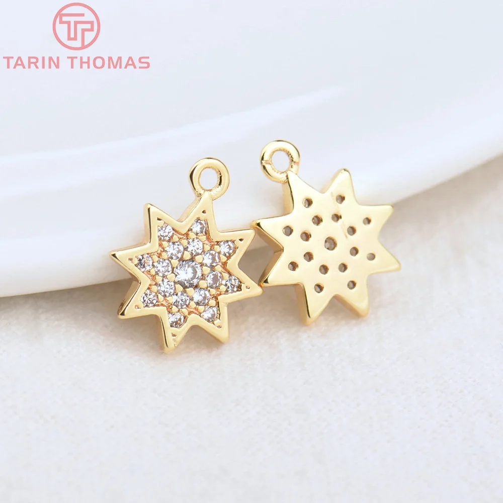 (4544)6PCS 9.5x11MM Hole 1MM 24K Gold Color Brass with Zircon Flower Pendants High Quality Diy Jewelry Findings Accessories