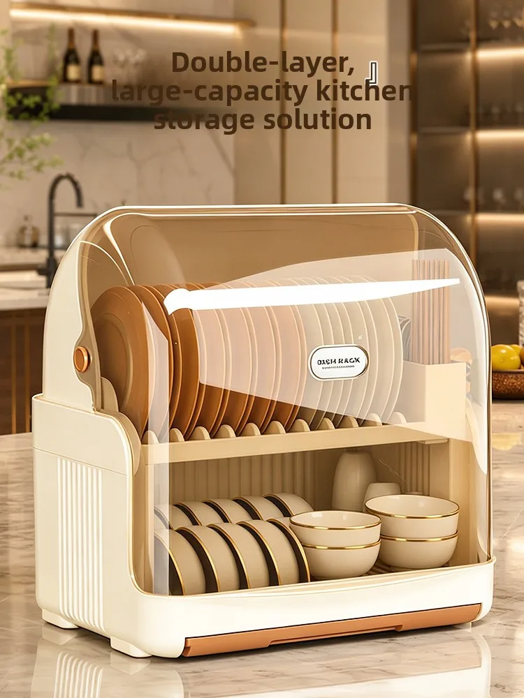 Kitchen Home Use Dish Drainer Rack Bowl Plate Storage Box Plastic Material Two Layers Countertop Installation Lightweight Lux...