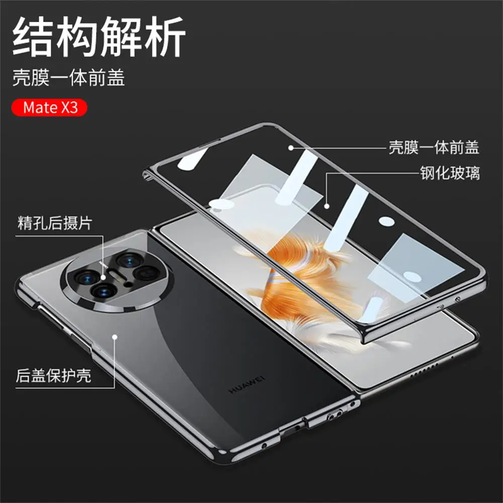 For Huawei Mate X3 Case Ultra Thin Electroplated Transparent With Tempered Film Folding Shockproof Hard Back Cover Accessories