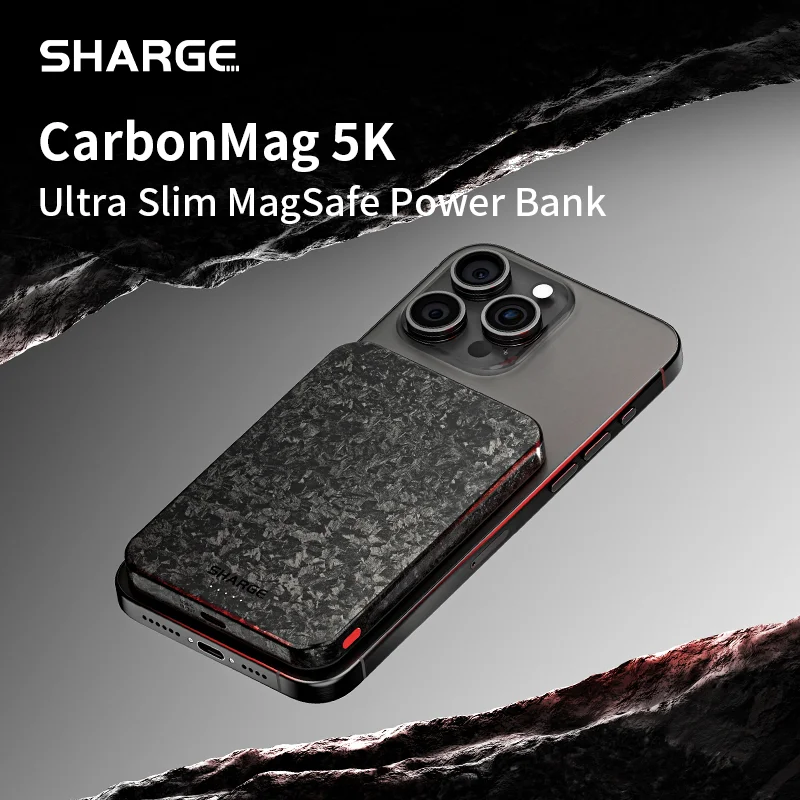 SHARGE CarbonMag Magsafe 보조배터리 슬림 마그네틱 휴대용 충전기, 아이폰 16 프로용, 탄소 섬유 PD 20W 고속 충전, 5000mAh