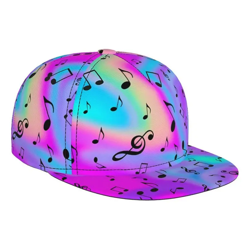 Bunte Regenbogen-Farbverlauf-Musiknoten-Snapback-Kappe, Hip-Hop-Baseballkappe mit flachem Schirm für Männer und Frauen, Musikfestival, Streetwear, verstellbar – Detail 1