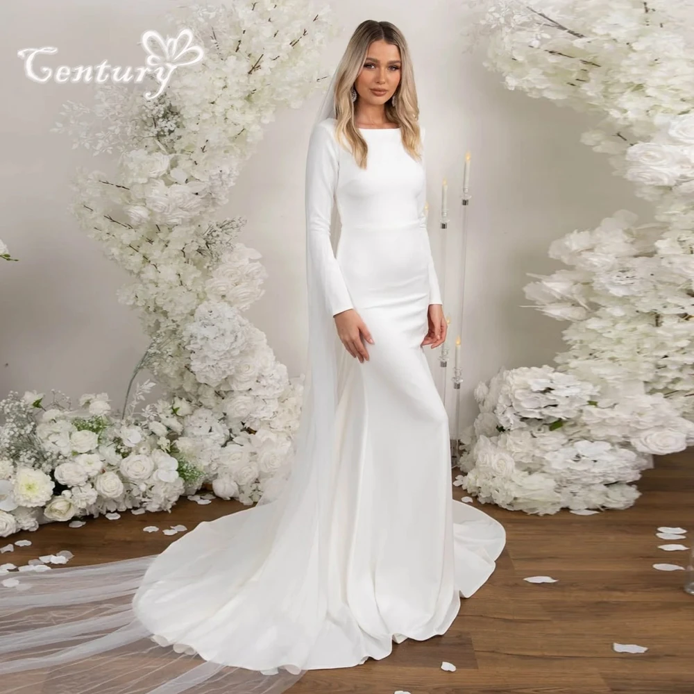 

Civil Wedding Dresses Mermaid Long Sleeve O-Neck Zipper Back Sweep Train Soft Crepe Elegant Bridal Gowns for Bride Customized