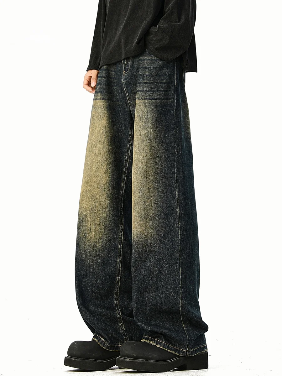 

Мужские джинсы в стиле ретро American Washed: модные, свободные, прямые, широкие, длинные брюки с эффектом драпировки