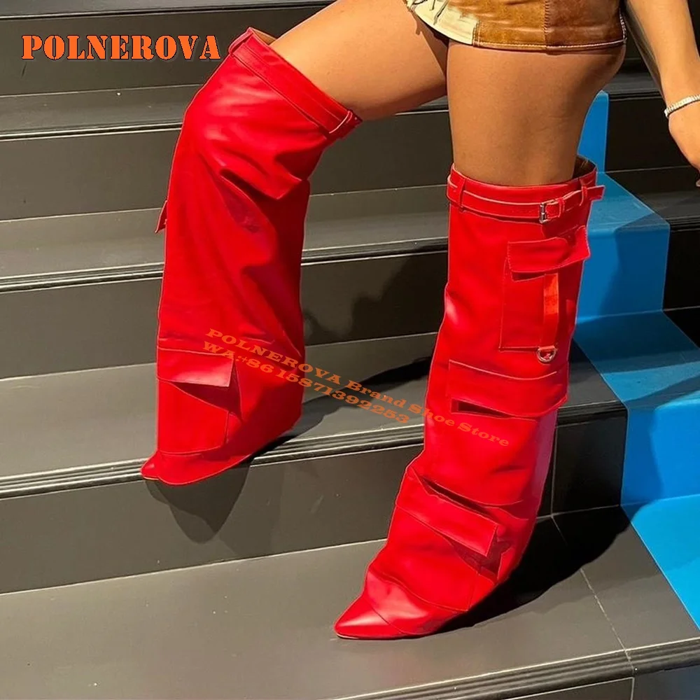 

Red Pocket Belt Buckle Over The Knee High Boots Pointed Toe Wedges Sexy Plus Size Women Trouser Boots 2024 New Style Runway Show