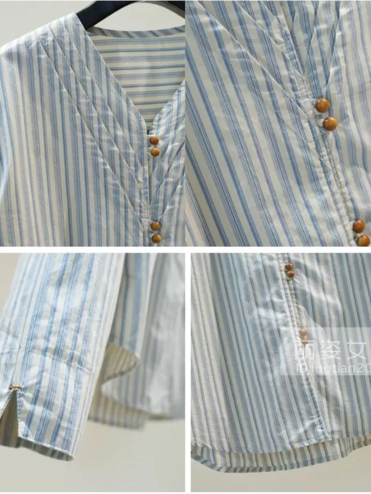 Spring Summer Cotton V-Neck Striped Women Shirt Blouse Female Single Breasted Cotton French Woman Shirt Ladies Tops