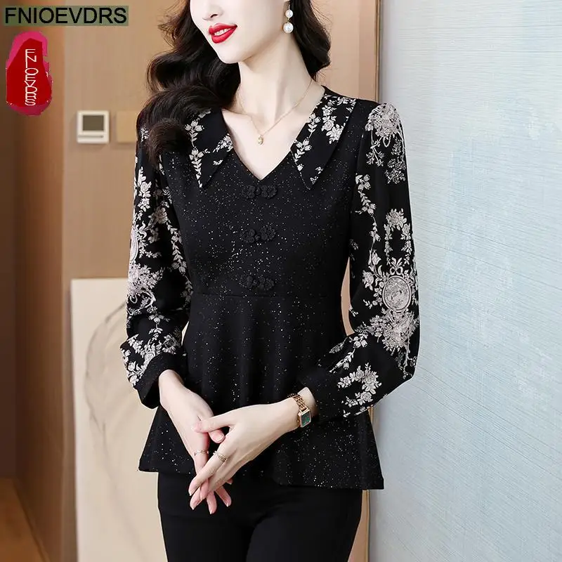 Loose Clothes Women 2024 Autumn Elegant Office Lady Button Shirts Casual Retro Vintage Ruffles Tunic Black Peplum Tops Blouses