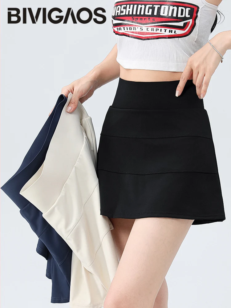 BIVIGAOS Summer High Waist Elastic Sports Skirt Women A-line Fitness Yoga Tennis Skirts Shorts Casual Pleated Skirt Culottes