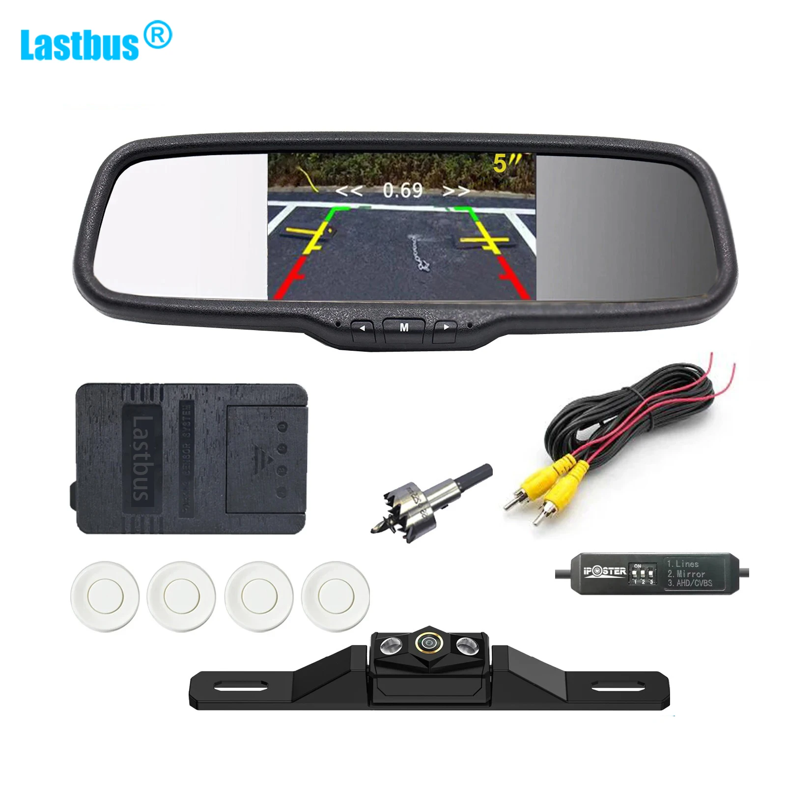 

Lastbus Parking Radar Sensor Fisheye Lens Backup Reversing Camera Black / White + 5" Car Rear View Mirror Monitor With clip