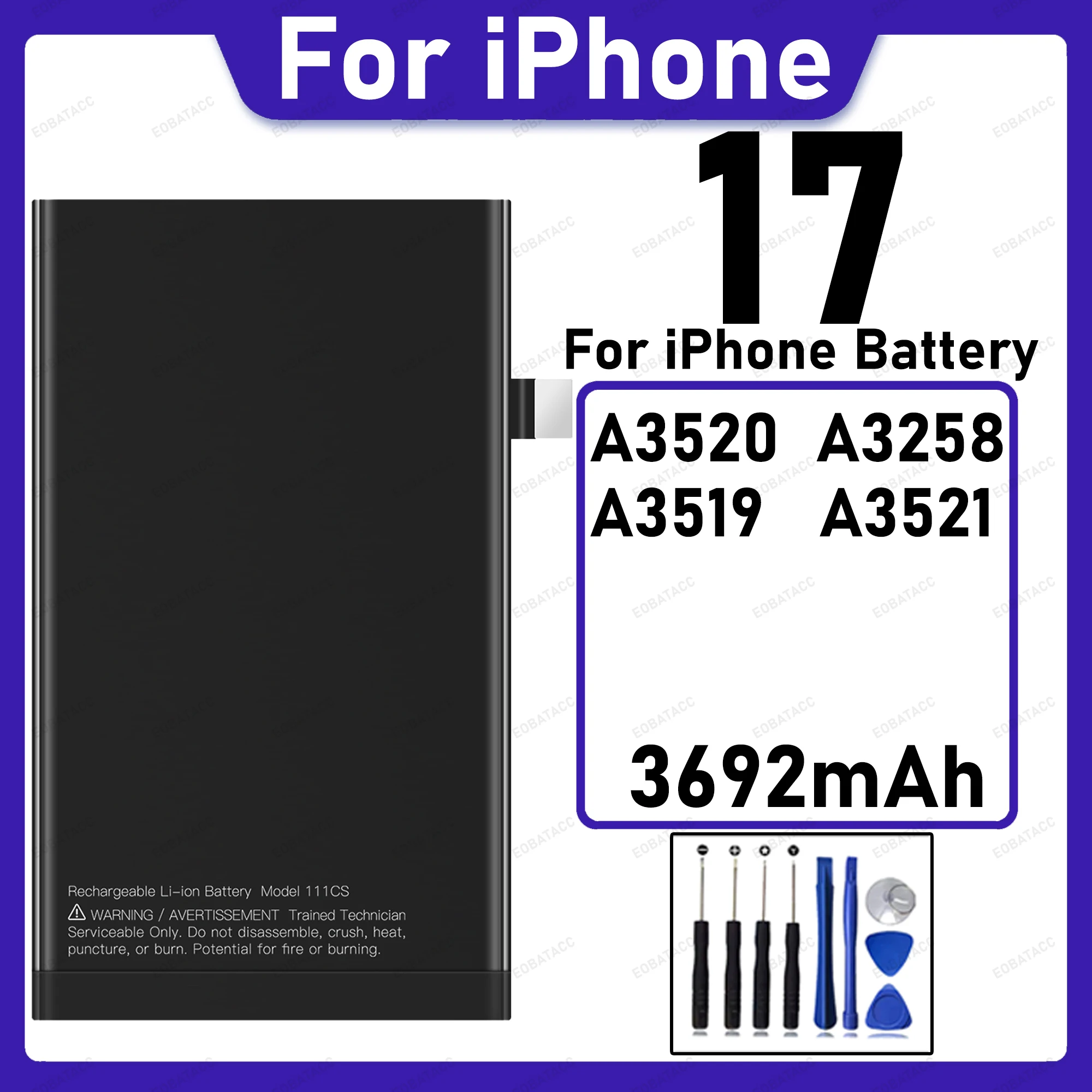 3692mAh Large Capacity Replacement Battery For iPhone 17 A3520 A3258 A3519 A3521 Long Lasting Phone Repair Parts +Free Tools
