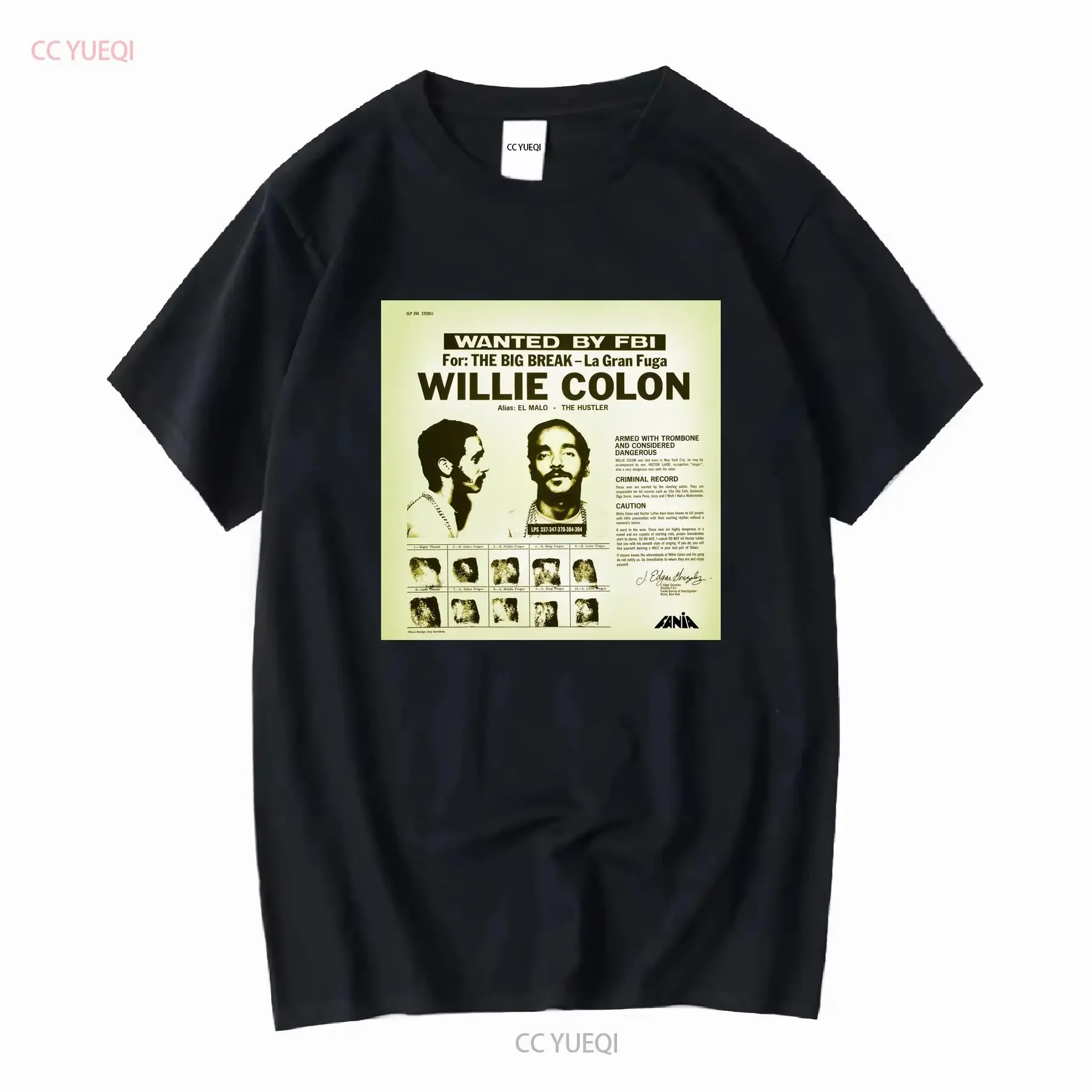 Willie Colon La Gran Fuga Wanted by The FBI El Malo Schwarzes T-Shirt Herren Gr. 2XL Vintage Washed Unisex Designerkleidung Homme
