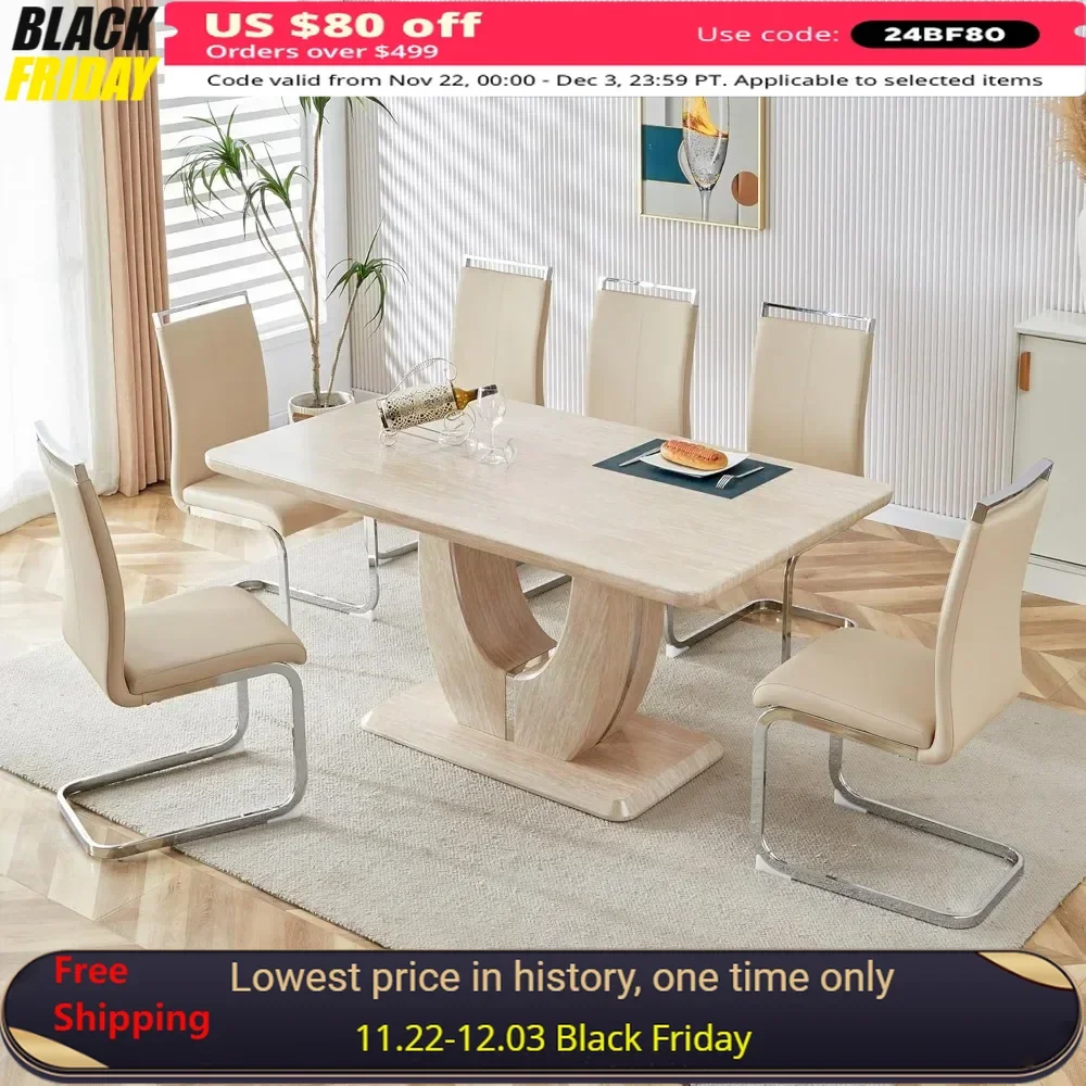 

Wooden Dining Table Set for 6, Table with Faux Marble Tabletop＆6 Pu Leather Upholstered Chairs,Wooden Dining Table Set