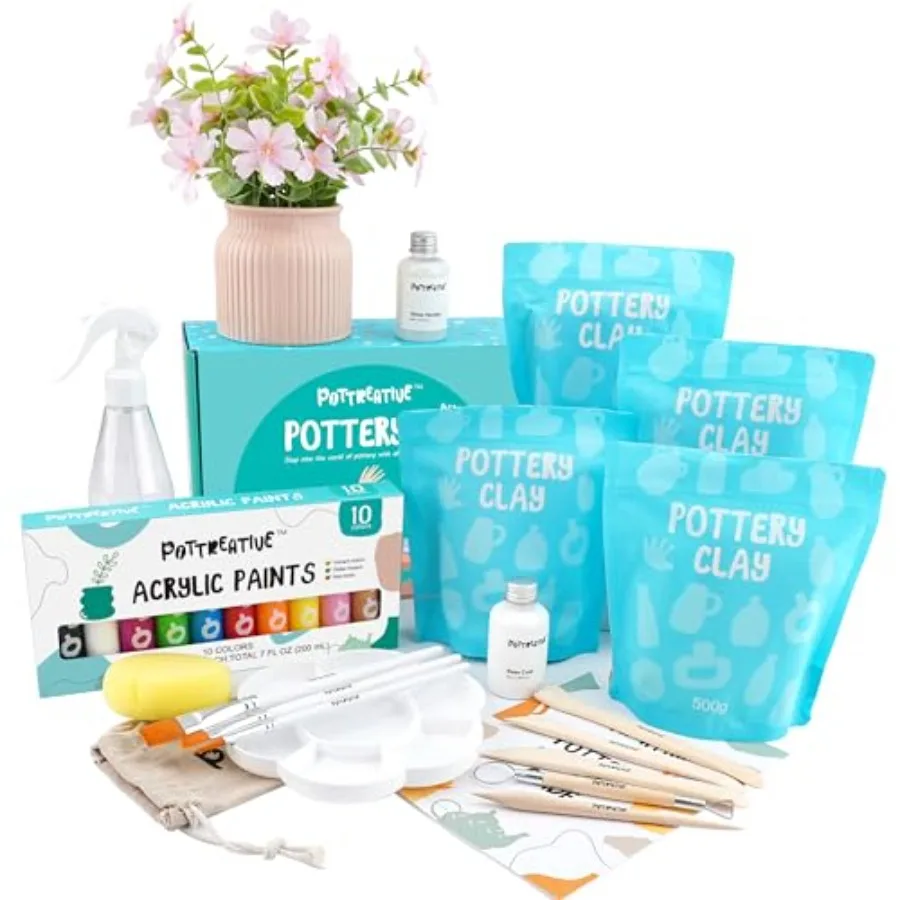 

Air Dry Clay Pottery Kit - Home DIY Pottery Starter Kits with Air-Dry Clay Sculpting Pottery Tools and Step-by-Step Guide - Gre