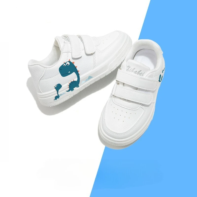 Spring Autumn Gift for Boys School Sneakers White Cartoon Dinosaur Shoes Non-Slip Soft Sole Hook & Loop Casual Canvas Shoes New