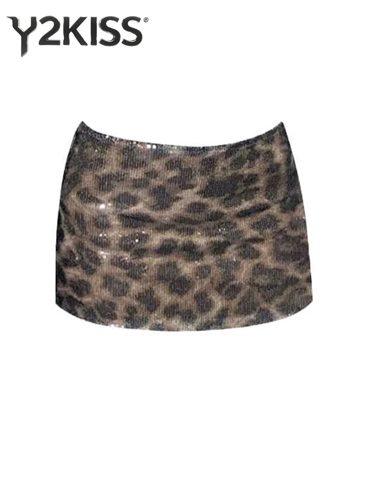 Women's Mini Sequin Skirts 2000s Aesthetic Leopard Print American Retro High Street Design Y2k E-girl Harajuku Party Punk New