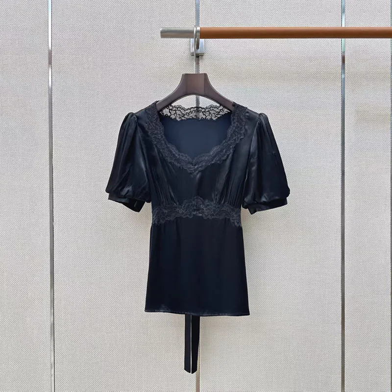 Women's Fitted Short-Sleeve T-Shirt, Lace-Trimmed Tie-Front Top, Casual and Versatile Pullover, 2026, Summer, New Arrival, Y2K,