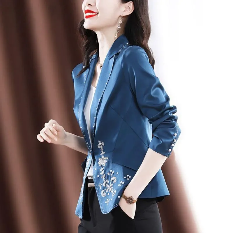 Heavy Industry Embroidery Blazer Jacket Women\'s Spring And Autumn New Temperament Satin Finish Elegant Short Jacket Coat  Blue