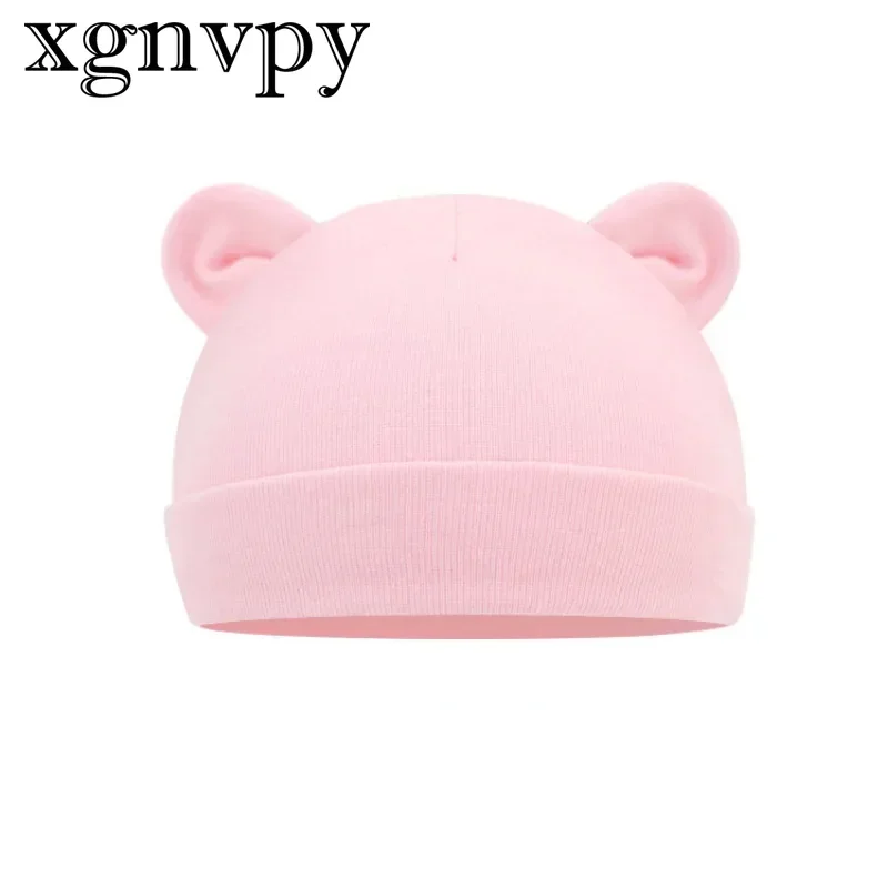 Xgnvpy Winter Baby Hat Comfortable Solid Color Hats Cute Ear Shape Cotton Cap Newborn Photography Props 0 -1 Infant Bonnet Items