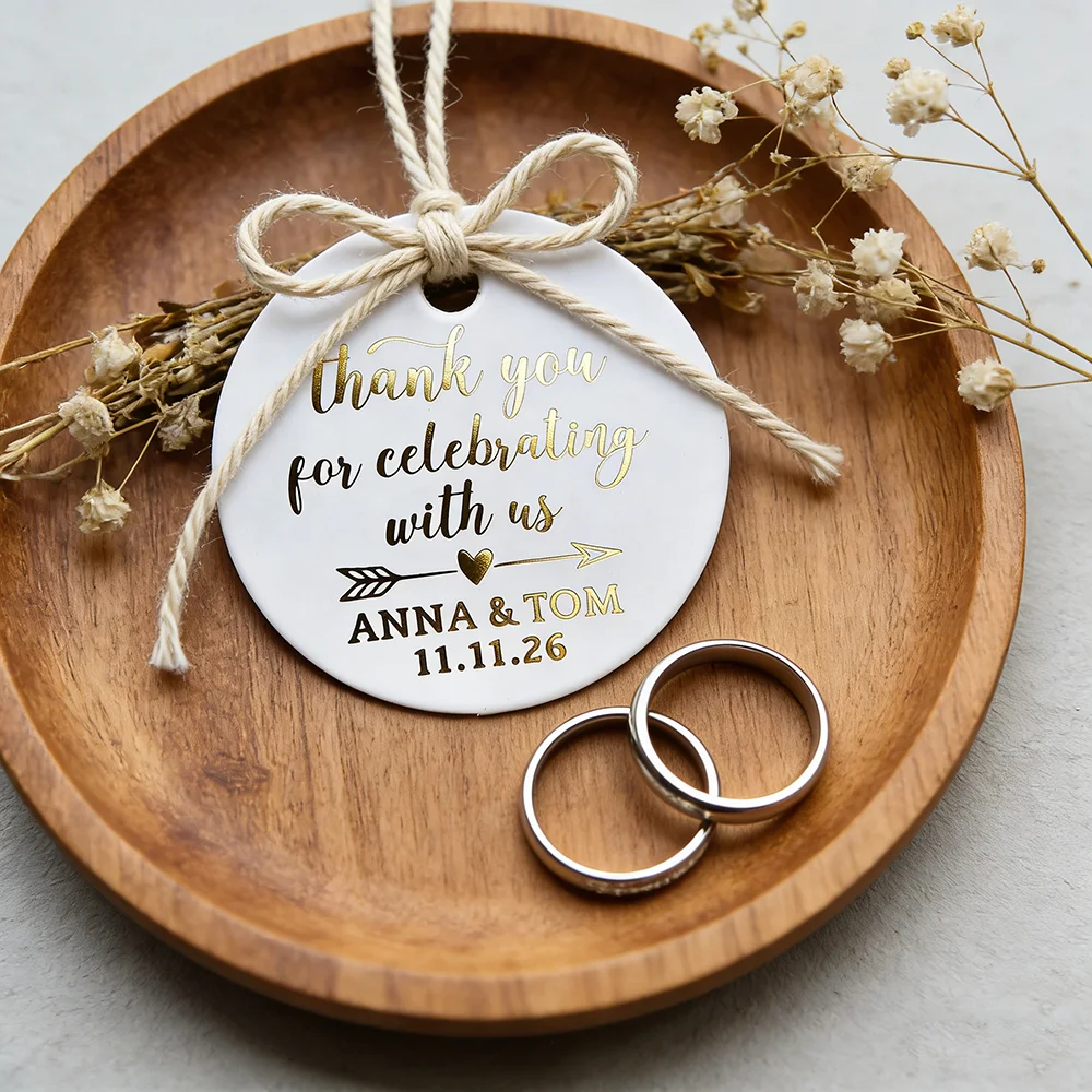 Personalized Round Wedding Favor Gift Tags, White with Gold Foil, Custom Name and Date, 1.38 Inches, 100 Count