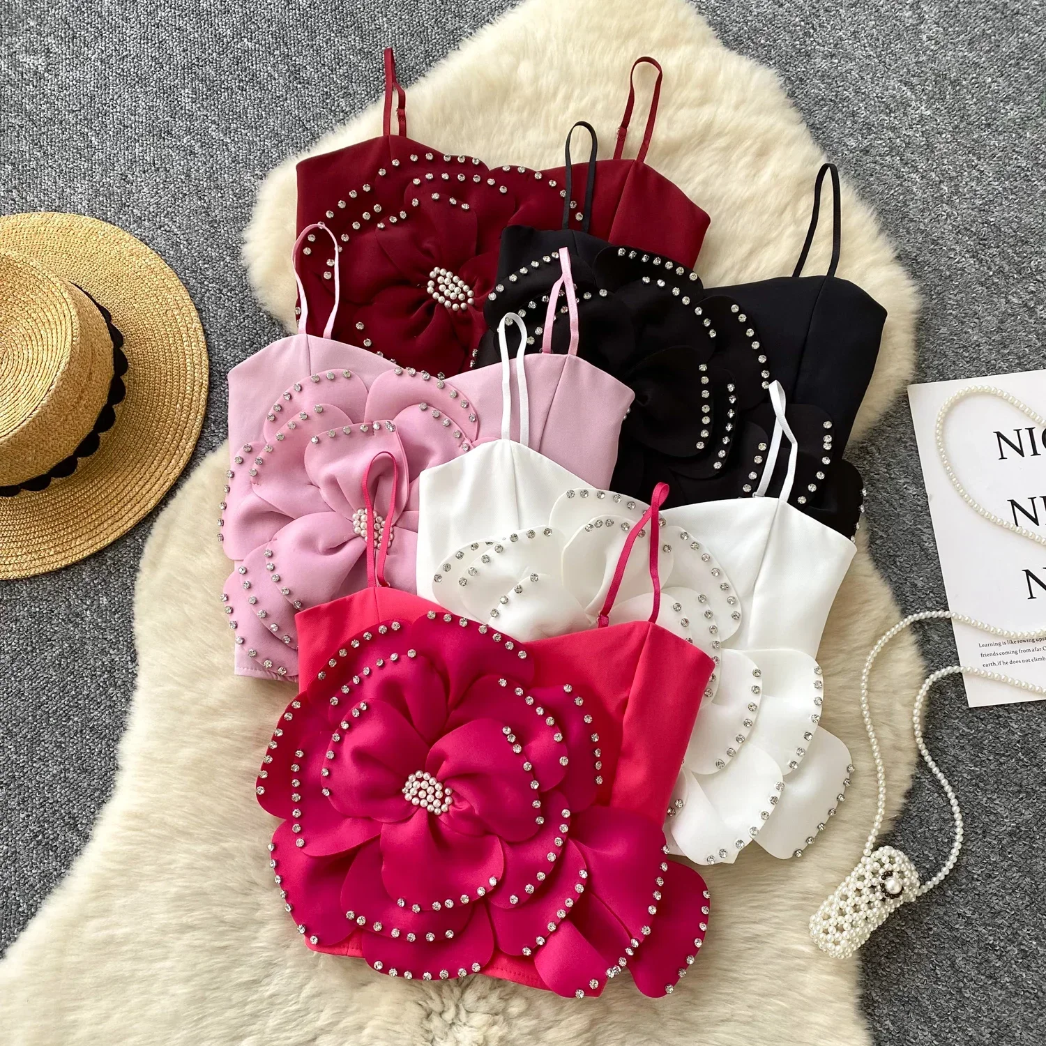 

New French Sweet Strap Camisole Strapless 3D Floral Beading Diamonds Design Tops Elastic Ruched Slim Streetwear Tank Top