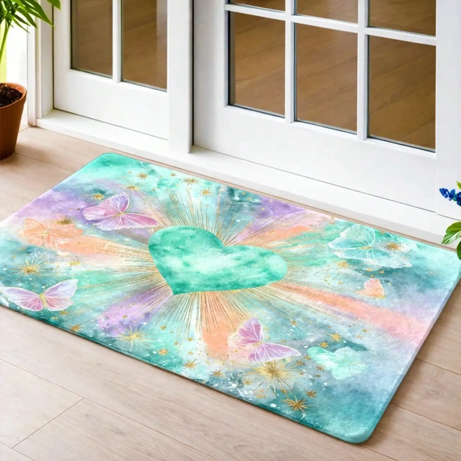 1pc, Flannel Non-Slip Doormat, Dreamy Heart & Butterfly Pattern Door Mat, Machine-Washable & Bedroom Side Rug, Universal Living Room, Kitchen, Bathroom