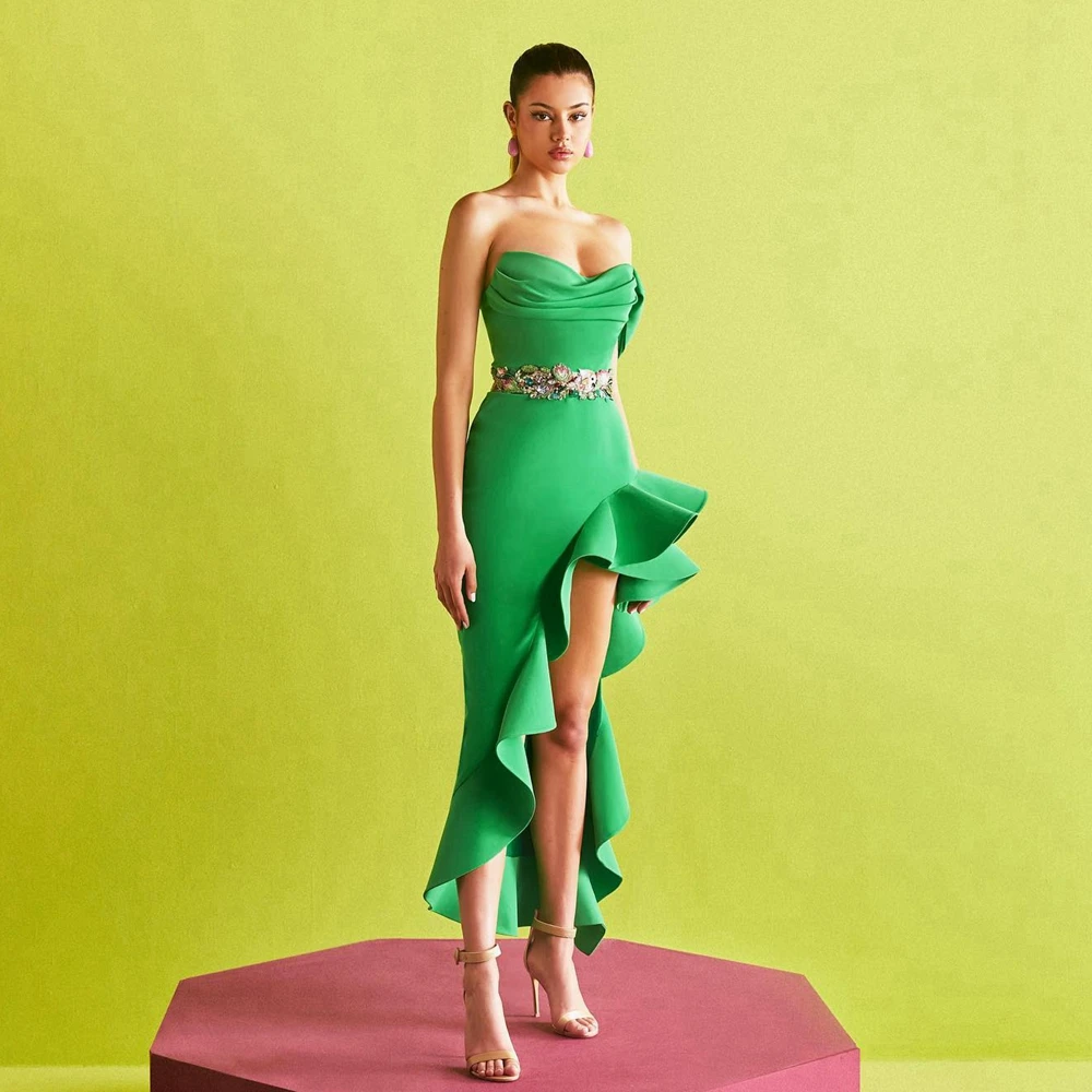 Robe de soirée Chic en Satin, sans bretelles, avec fente haute asymétrique, à volants, jolie robe de soirée en dentelle florale, robe formelle d'été