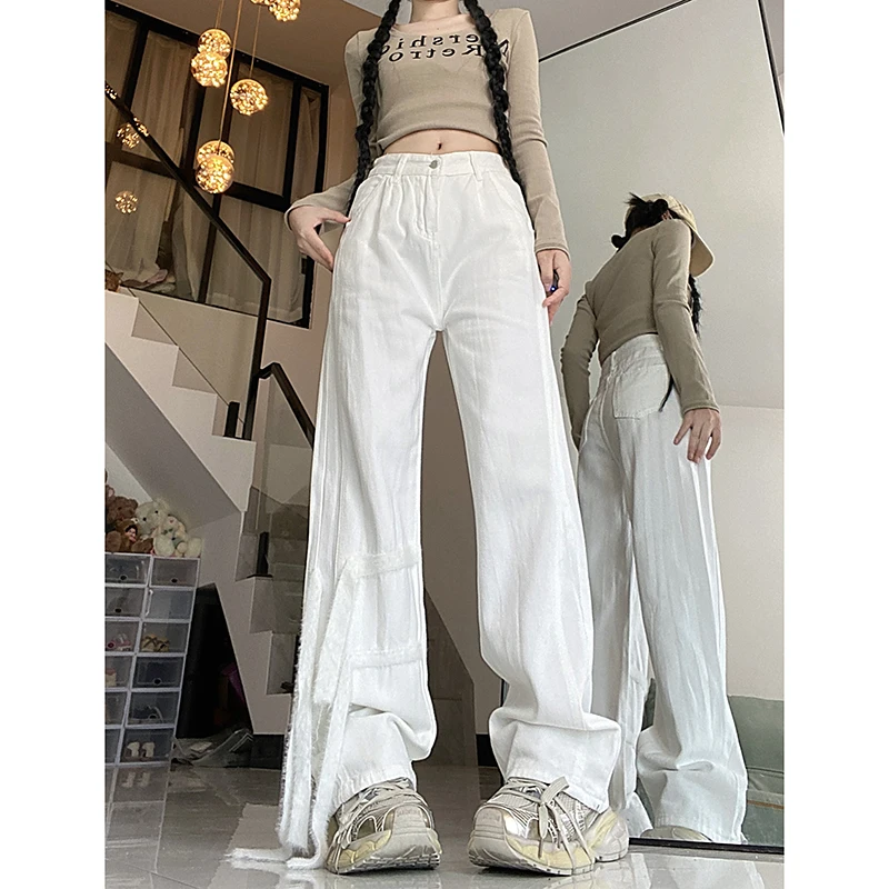 

WCFCX STUDIO Winter New White Jeans for Women Fashion Casual Loose High Waist Wide Leg Straight Full Length Denim Pants