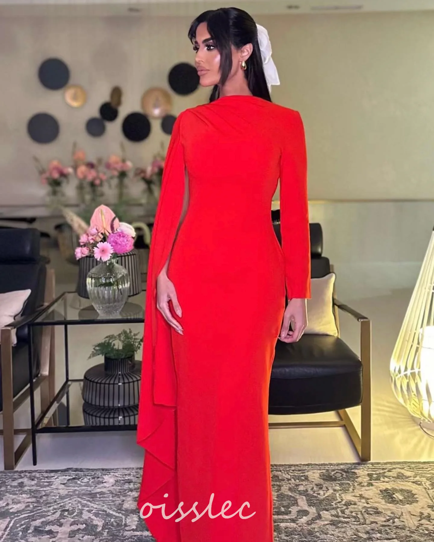 

Oisslec Red Elegant Prom Dresses High Neck Evening Dress Long Sleeves Saudi Arabia Women Wear Formal Party Gowns