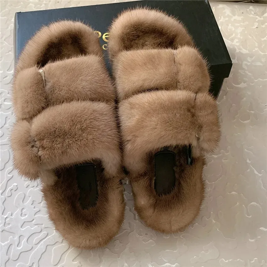 2024 Women's Fur Slippers 100% Real Mink Fur Slippers Women Slippers Open Toe Lasies Fur Slide Flat Heel Fashion Luxury Fur Shoe