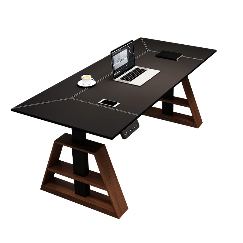 

High-grade saddle leather electric intelligent lifting desk solid wood small apartment office desktop study table