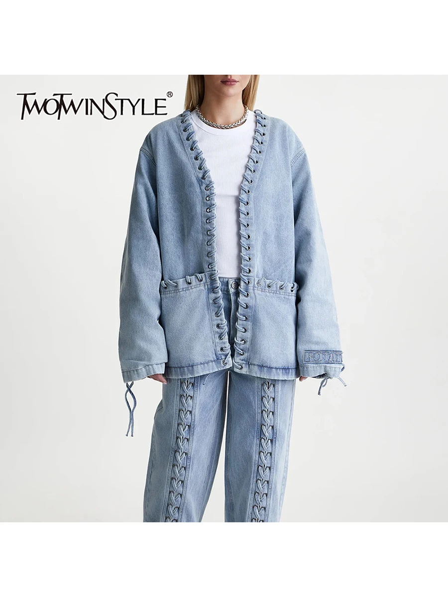 

TWOTWINSTYLE однотонные свободные ковбойские куртки на шнуровке для женщин с v-образным вырезом и длинными рукавами в стиле пэчворк, модная женская куртка с карманами, новинка