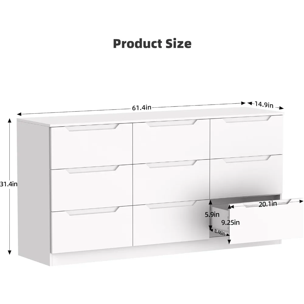 Winkalon 9 Drawer Dresser,62” Wide Chest of Drawer Dresser, Modern Storage Cabinets with Large Wood Drawer for Bedroom, Living R