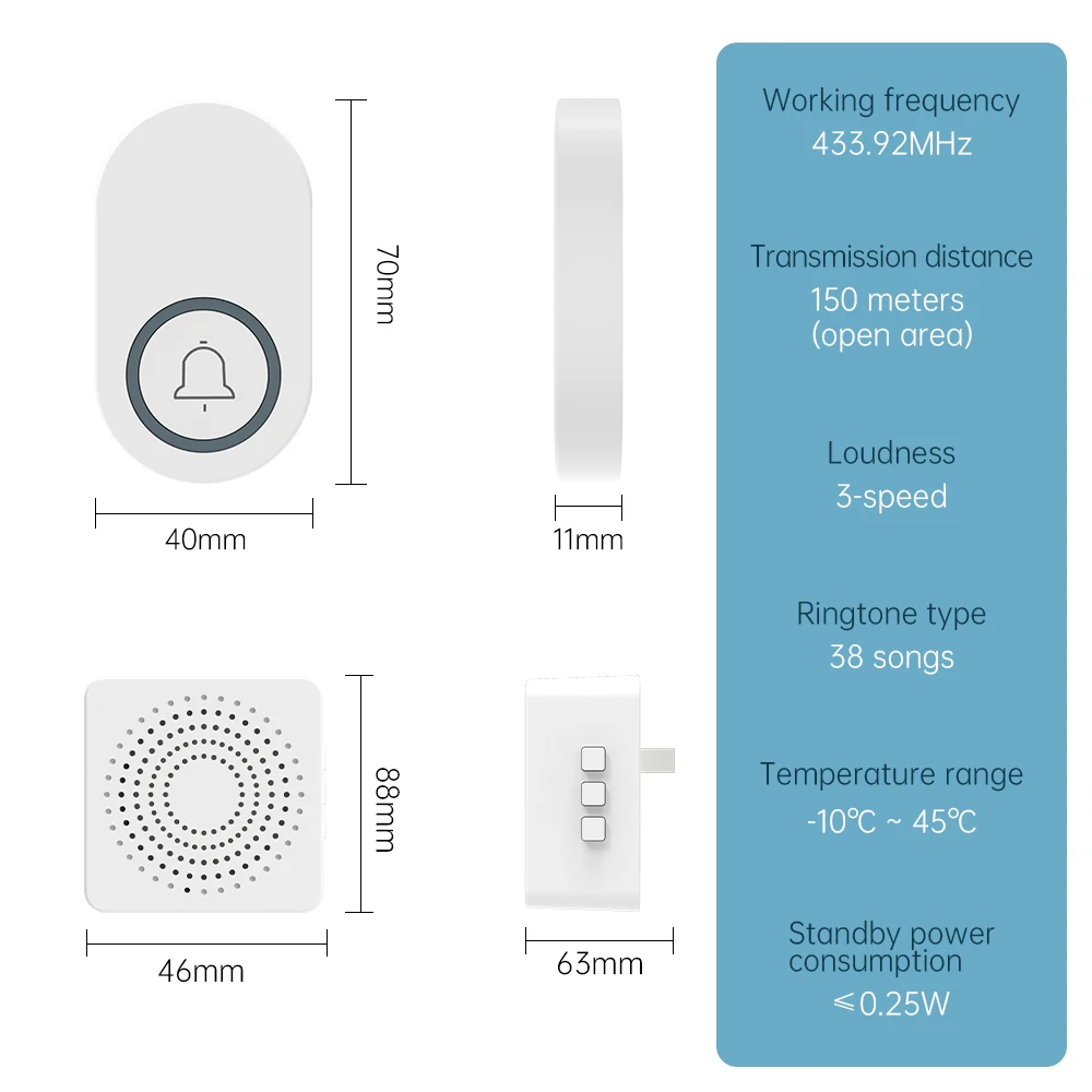 Wireless Doorbell Long-Distance 150M | 38 Melody | Safety Alarm CR2032 Battery Powered