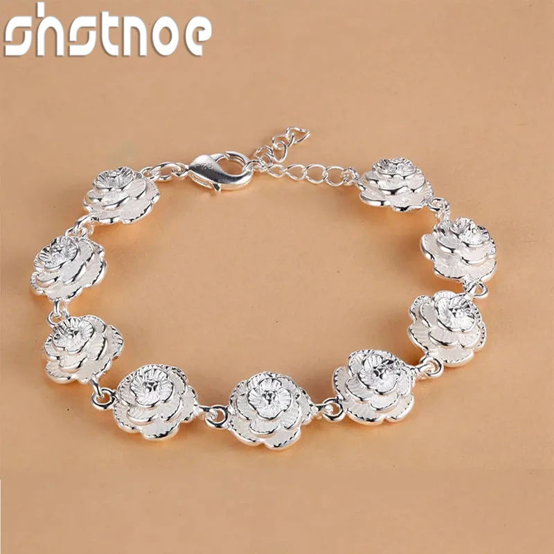 Charm 925 Sterling Silver Rose Flower Chain Bracelet For Women Fashion Pretty Party wedding accessories gift fine luxury Jewelry