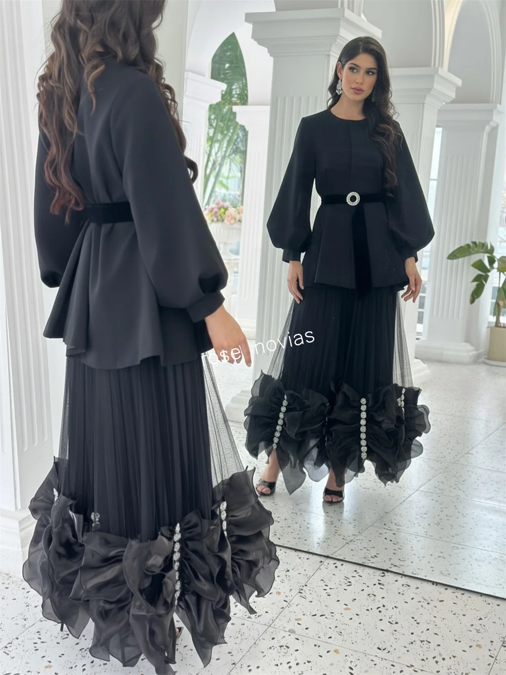 Customized Formal Evening Dress Pleat Sash Long Sleeves A-line Midi Dresses Bespoke Occasion Classic Elegant Party Glitter