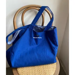 Double-Sided Lazy Plaid Canvas Bag Large Capacity Casual Korean Style Tote Bag Soft Polyester Zipper Closure Backpack