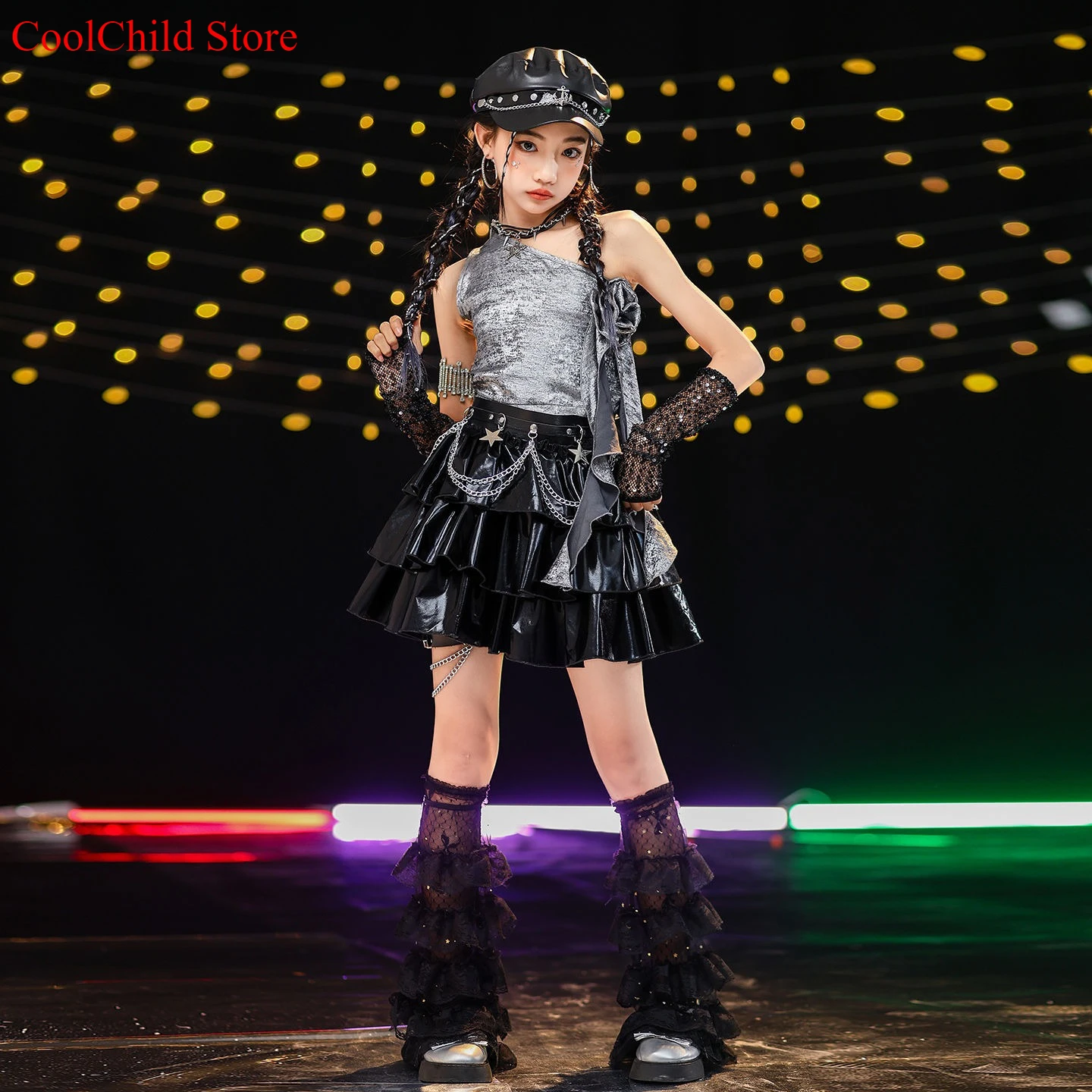 Hip Hop Girls Cool One-shoulder Strap Vest Tiered Skirt Kid K-pop Crop Top Jazz Clothes Sets Child Girl Group Streetwear Costume